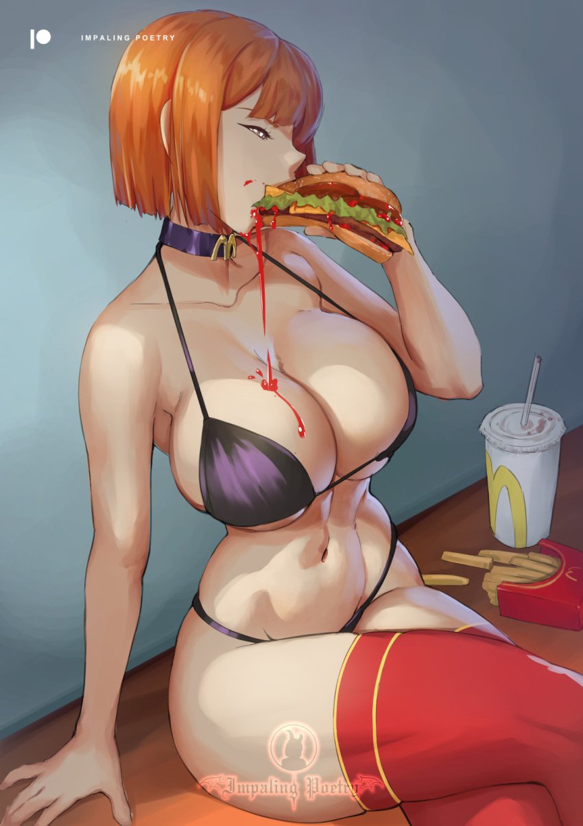 1girls bare_arms bare_legs bare_shoulders bare_thighs big_breasts bra burger clothed clothing collar color eating female female_focus female_only hi_res hourglass_figure human impalingpoetry large_breasts light-skinned_female light_skin mcdonald's mom_(japanese_mcdonald's_commercial) orange_hair pale-skinned_female panties short_hair slim_waist solo solo_female stockings tagme thick_thighs wide_hips yoru_mac