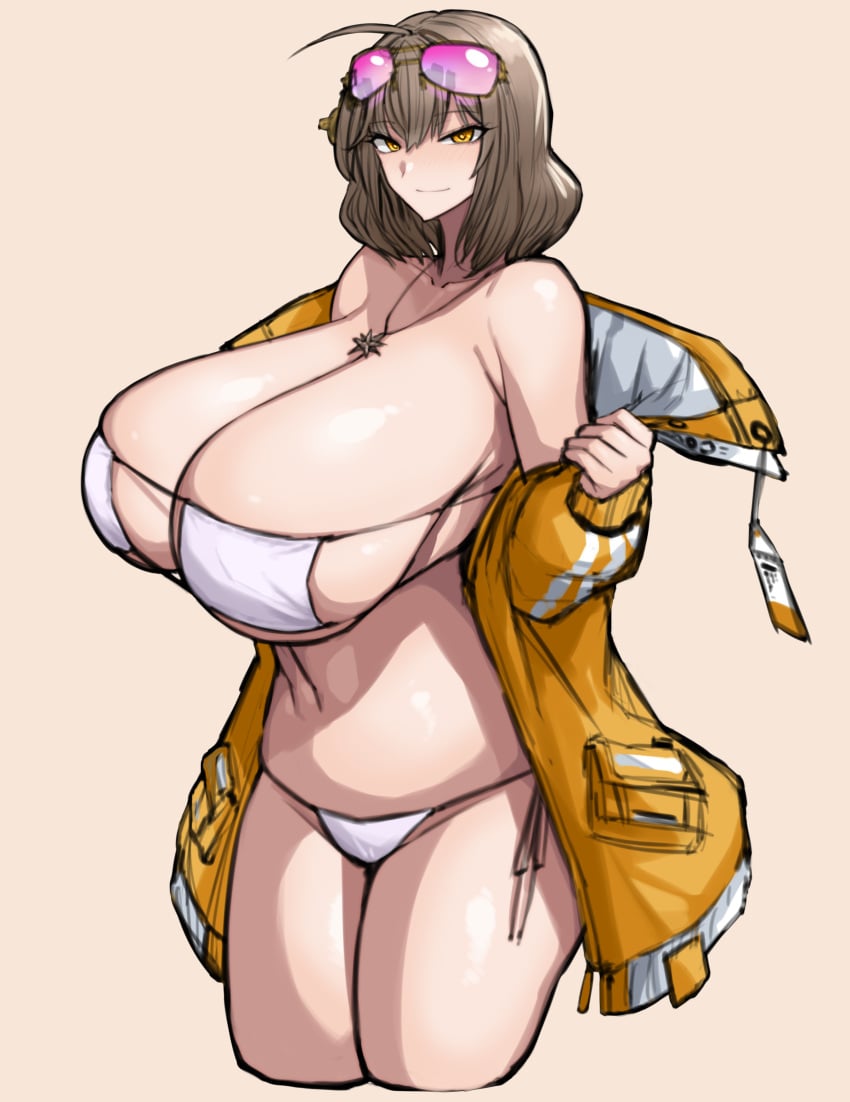 1girls anis_(nikke) anis_(sparkling_summer)_(nikke) bikini breasts brown_eyes brown_hair female goddess_of_victory:_nikke hi_res huge_breasts light-skinned_female light_skin naughty_face short_hair sketch wolffeld_price