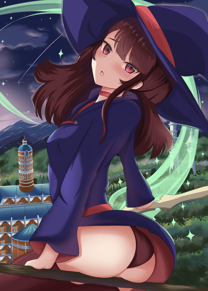 absurdres akko_kagari ass blush braid breasts broom brown_hair choker dress female flying from_behind hat highres kagari_atsuko little_witch_academia long_hair looking_at_viewer nicksuslin open_mouth outdoors panties pantyshot purple_eyes shiny_skin sideboob solo star_(sky) underwear witch witch_hat