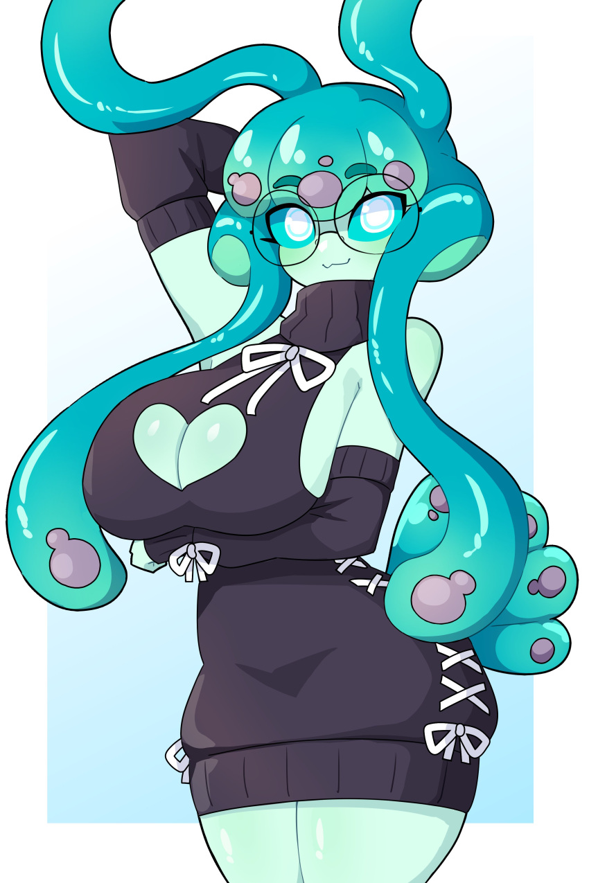 1girls 2024 absurd_res anthro arm_sleeves arm_under_breasts big_breasts commission female female_only glasses green_body green_eyes green_hair heart_cutout hi_res j5daigada looking_at_viewer marine round_glasses sea_slug smiling smiling_at_viewer solo sweater tentacle tentacle_hair