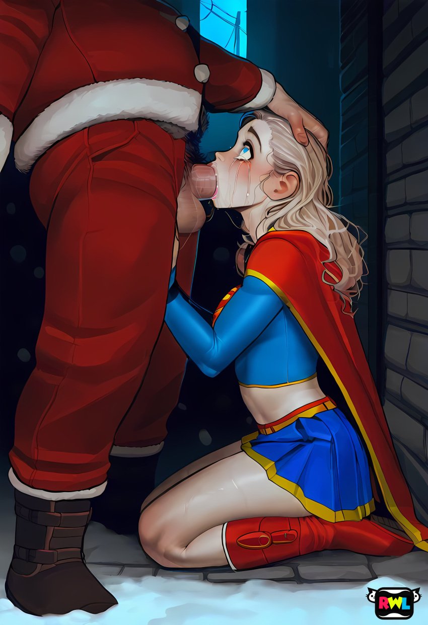 1boy 1girls ai_generated alley blonde_hair blowjob blue_eyes blush christmas crying crying_with_eyes_open dc dc_comics deep_blowjob deepthroat fellatio female gag gagging hand_on_head kneeling male on_knees oral penis petite rwl santa_claus seductive_look skirt straight supergirl supergirl_(series) superman_(series) tears teenager