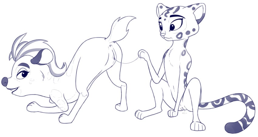 2016 all_fours cheetah disney duo feline female female_feral feral fuli hyena jasiri_(tlg) mammal monochrome pussy rawrunes the_lion_guard the_lion_king