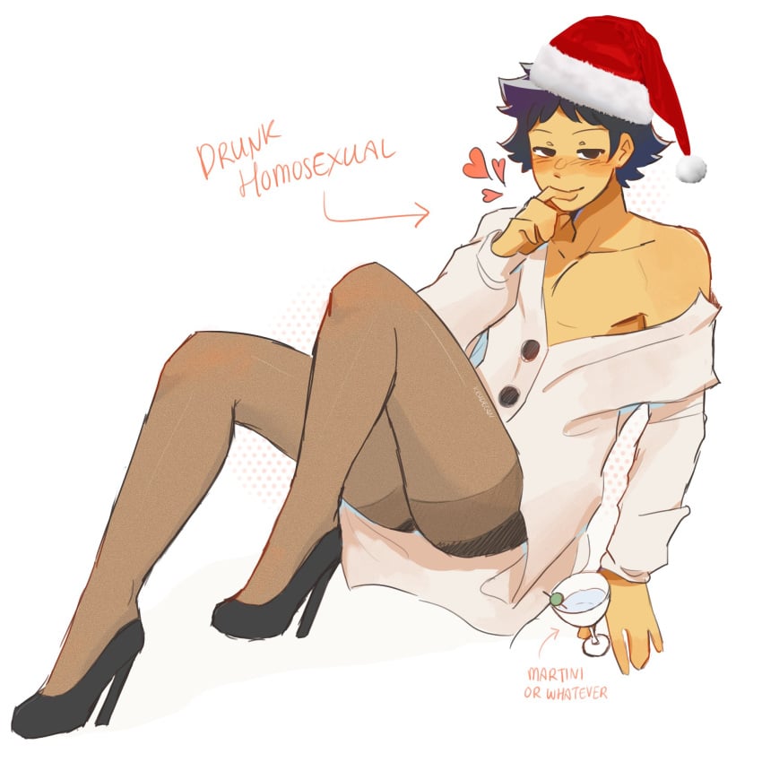 1boy artist_request black_hair christmas_hat crossdressing edit edited femboy gay heels high_heels homosexual male male_only martini pantyhose scott_pilgrim scott_pilgrim_takes_off solo solo_male tagme undone_shirt wallace_wells