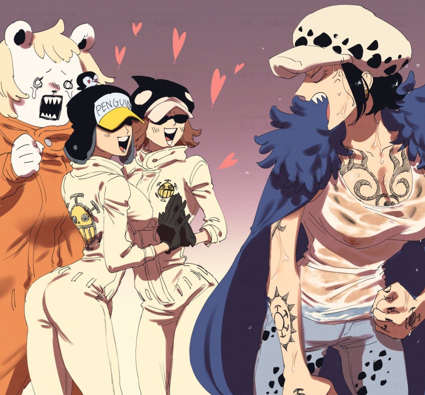 4girls angry anthro bear bepo big_breasts black_hair brown_hair canon_genderswap canonical_scene chest_tattoo cleavage color female female_only fully_clothed genderswap_(mtf) gloves hat headwear jolly_roger_(one_piece) jumpsuit minkmen_(one_piece) momimimiya multiple_females nipples_visible_through_clothing one_piece one_piece:_egghead_arc penguin_(one_piece) rule_63 see-through_clothing shachi_(one_piece) short_hair shounen_jump smile sunglasses tank_top tattoo tattooed_arm tattoos trafalgar_law trafalgar_law_(female) ursid wet_body wet_clothes wet_skin