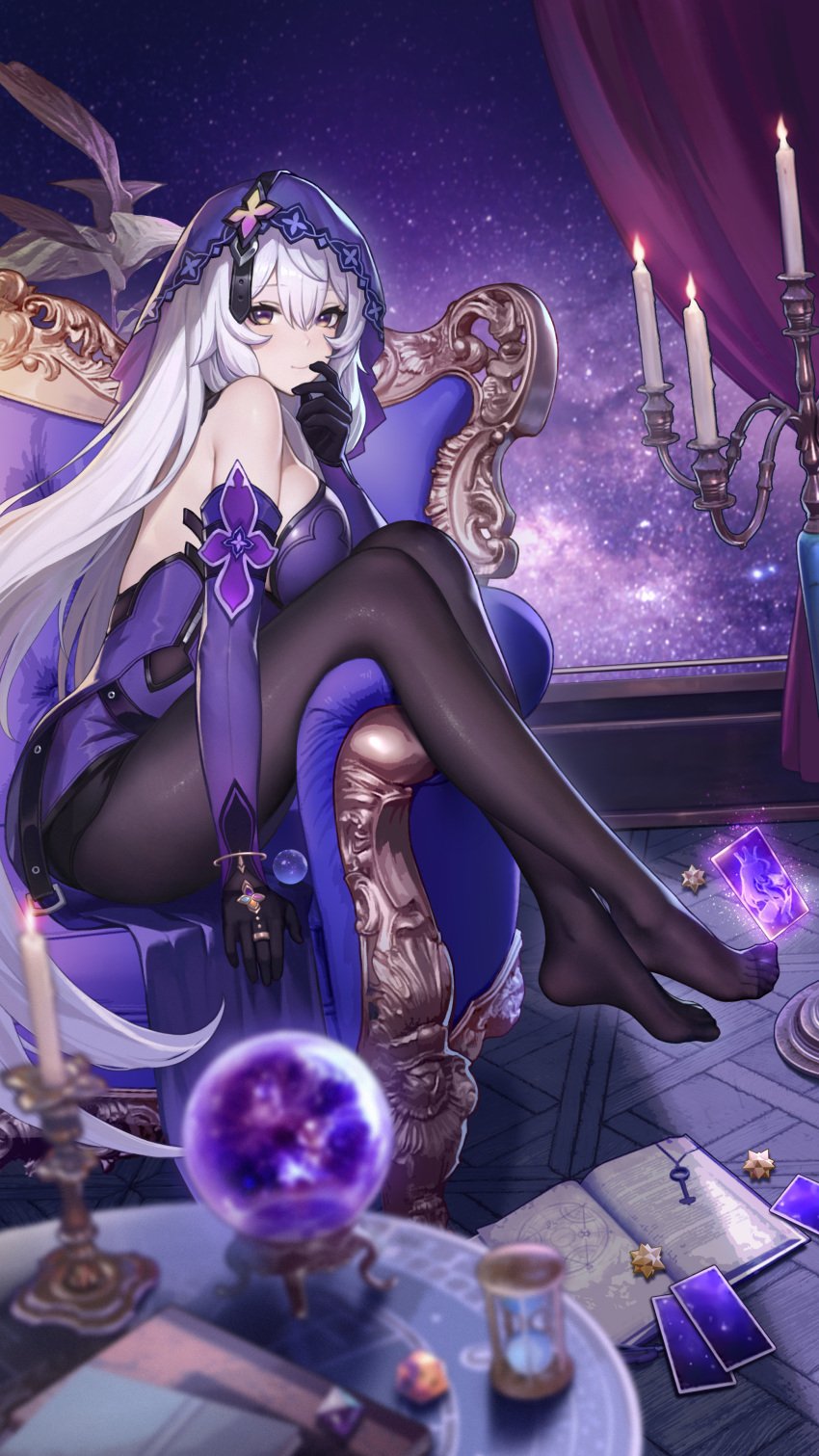 1girls ass back belt_buckle belt_straps belt_veil big_breasts black_swan_(honkai:_star_rail) breasts breasts_squeezed_together brown_eyes clothed crossed_ankles crossed_feet crystal_ball dress feet feet_fetish female foot_fetish gloves hand_on_chin hle honkai:_star_rail honkai_(series) hoyoverse huge_breasts le_(huanglongen) leggings legs legs_over_chair legs_together long_hair looking_at_viewer nun nun_outfit open_back open_back_dress pantyhose side_boob side_view sitting_on_chair sole_female solo stocking straps thick_thighs thighs thighs_together toes veil white_hair