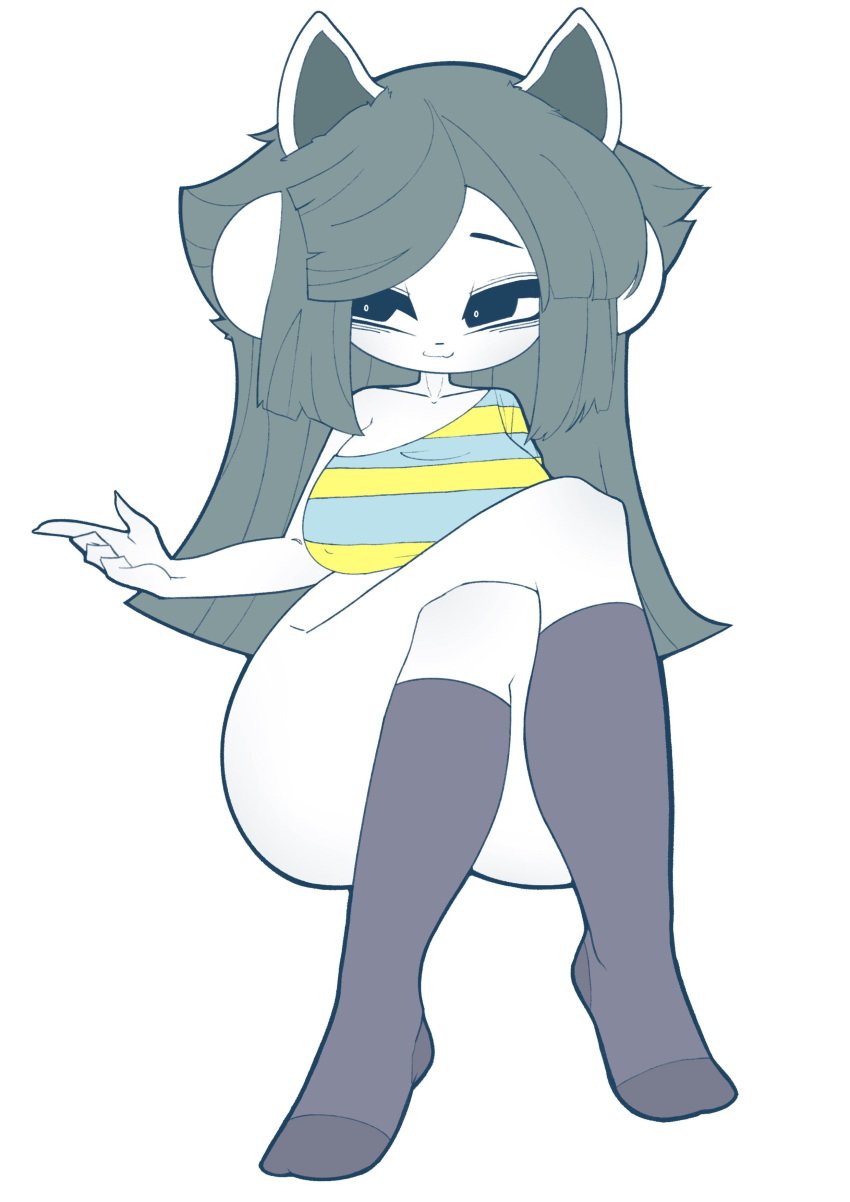 1girls 2d_(artwork) 4_ears adorable anthro big_eyes black_legwear cat_ears cat_humanoid cat_tail catgirl cute_expression cute_face grey_hair hss_dada large_breasts leggings no_panties simple_background tagme temmie temmie_(undertale) undertale undertale_(series) white_body white_fur wide_hips