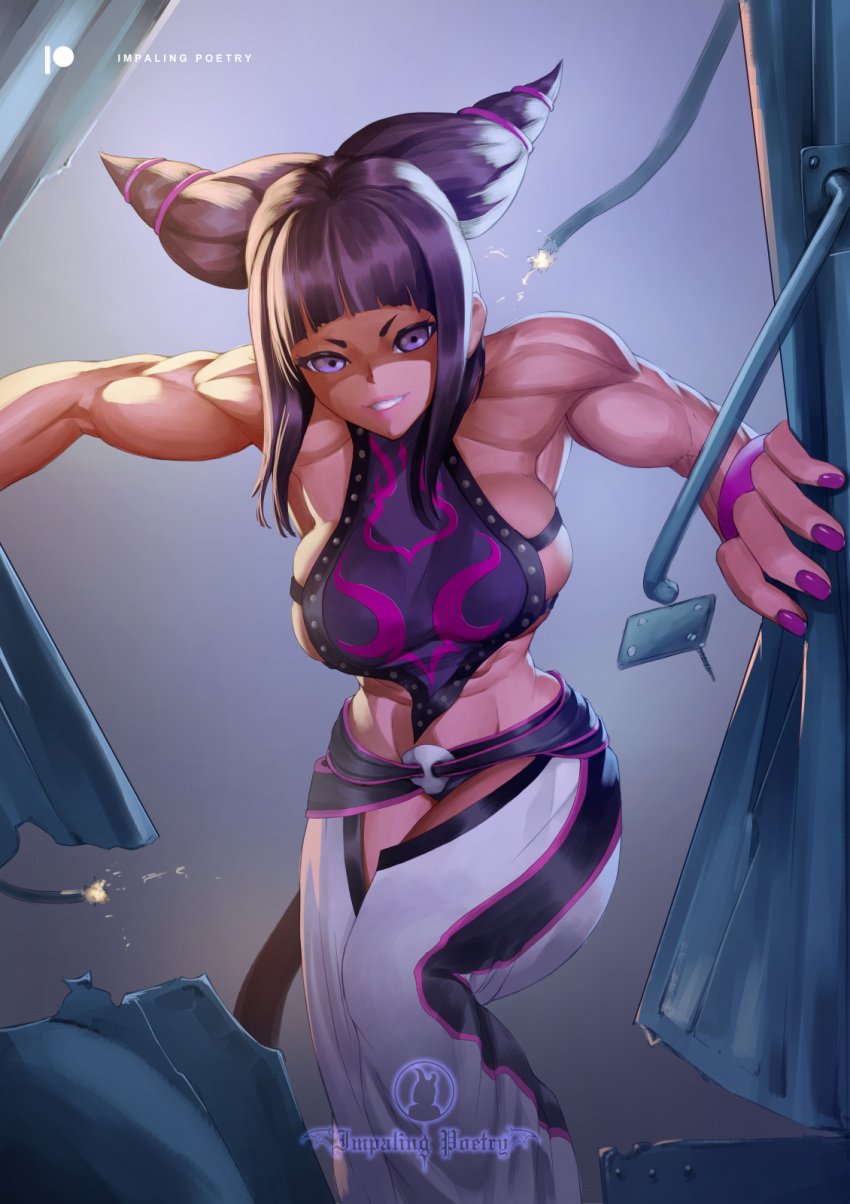 1girls abs bare_arms bare_shoulders big_breasts black_hair capcom clothed clothing color female female_focus female_only hi_res impalingpoetry juri_han large_breasts light-skinned_female light_skin looking_at_viewer muscles muscular muscular_arms muscular_female purple_eyes short_hair solo solo_female street_fighter tagme thick_thighs