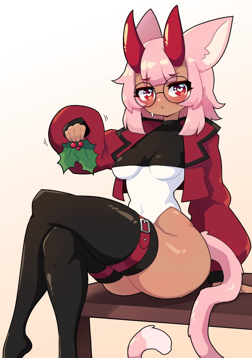 1girls 2023 anthro black_thighhighs blush cat_ears cat_tail catgirl commission crossed_legs dark-skinned_female female female_only glasses heart-shaped_pupils hi_res holly_(plant) horns j5daigada jacket leotard looking_at_viewer no_visible_genitalia pink_hair red_berries red_eyes red_horns round_glasses sitting sitting_on_table solo spiky_leaves tail thick_thighs thighhighs