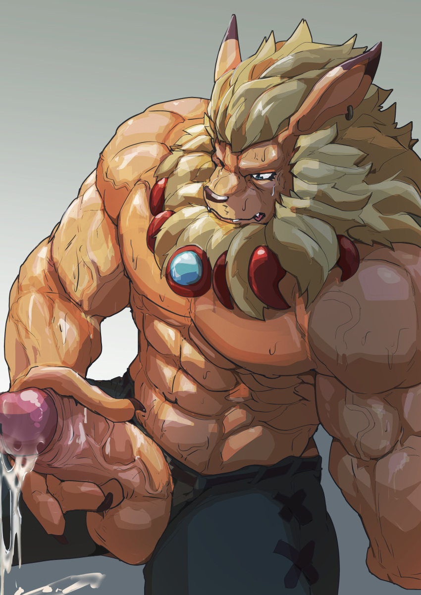 abs absurd_res anthro asiahao520 balls bandai_namco biceps bodily_fluids cum digimon digimon_(species) felid genital_fluids genitals hi_res leomon lion male male_only mammal mane muscular muscular_anthro muscular_male pantherine pecs penis solo sweat vein veiny_muscles veiny_penis