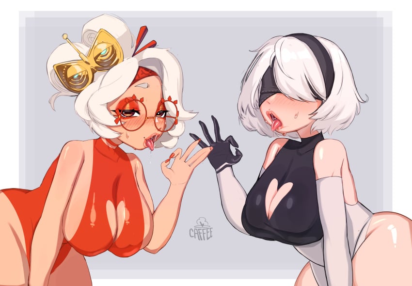 2girls caffeee crossover female female_only light-skinned_female light_skin multiple_girls nier:_automata nier_(series) nintendo purah purah_(tears_of_the_kingdom) tears_of_the_kingdom the_legend_of_zelda yorha_2b