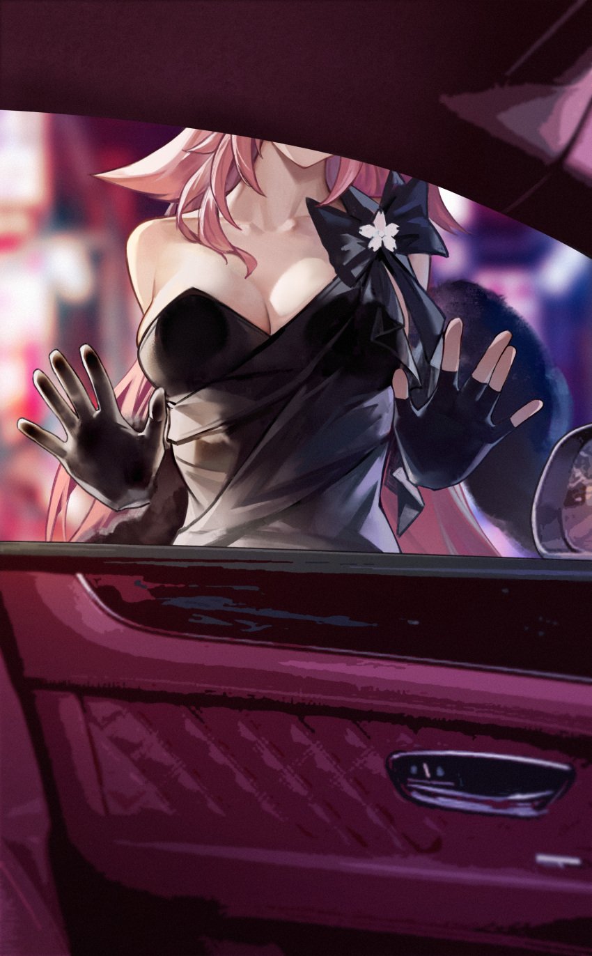 1girls big_breasts black_dress bow breasts breasts_against_glass car car_door car_window chin collarbone dress female fingerless_gloves fox_ears fox_girl fox_tail genshin_impact gloves hands_against_glass hi_res high_resolution highres hle honkai_(series) hourglass_figure hoyoverse large_breasts le_(huanglongen) neck pink_eyes pink_hair shoulderless_dress shoulders sole_female solo_female yae_miko yae_miko_(fox)