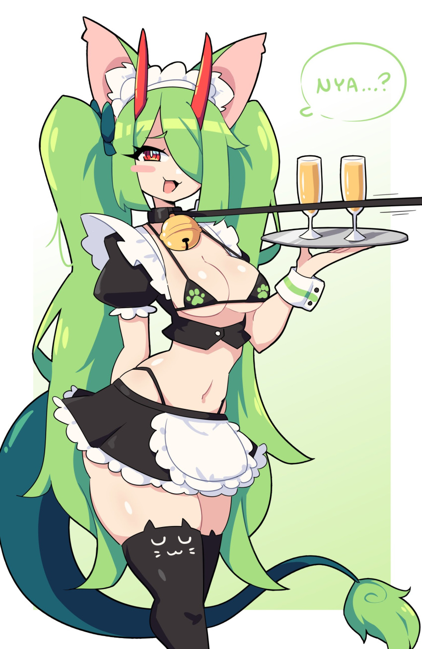 1girls 2023 bikini_top black_thighhighs cat_ears cat_thighighs catgirl cheek_spots collar dew_(j5daigada) dragon_girl dragon_tail drinking_glass female female_only green_hair hair_over_one_eye hi_res holding_tray horns hybrid j5daigada leash leash_pull long_hair looking_at_viewer maid maid_headdress maid_uniform neck_bell red_eyes skirt smiling smiling_at_viewer solo speech_bubble tail tail_tuft text thick_thighs thighhighs tray twintails wrist_cuffs