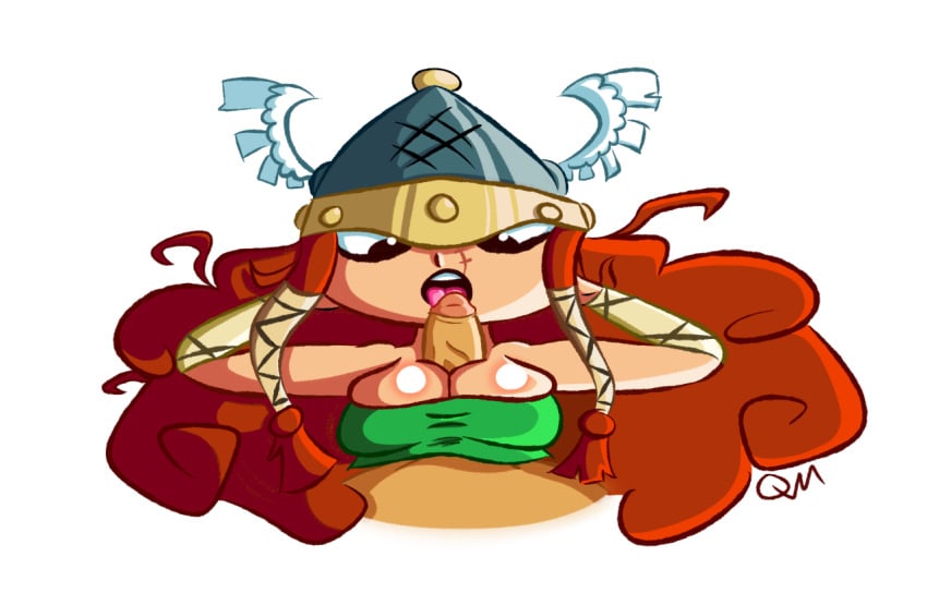 barbara_(rayman) big_breasts breasts cleavage clothed clothes female hair hands_behind_head headgear helmet licking long_hair male oral paizuri pov quackmeister rayman_(series) rayman_legends red_hair scar straight tongue tube_top