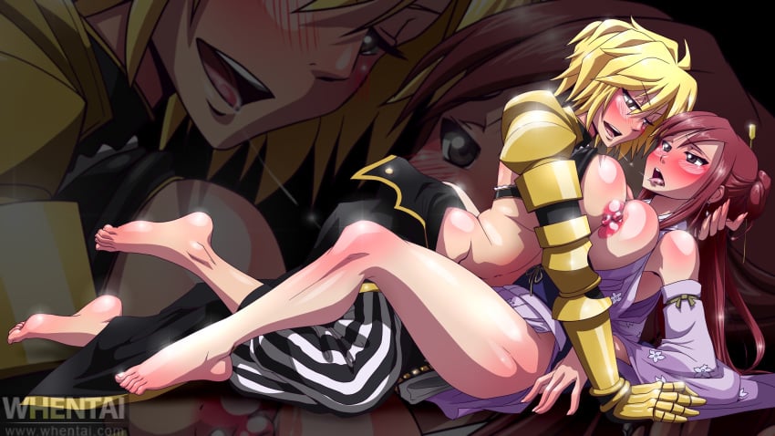 2girls blonde_hair blush breast_squeeze breasts breasts_out brown_eyes dimaria_yesta erza_scarlet eye_contact fairy_tail female female_only head_grab kantarella kissing legs legs_held_open legwear looking_at_another lying multiple_girls pants_down partially_clothed red_hair spriggan_12 toes whentai yellow_hair yuri