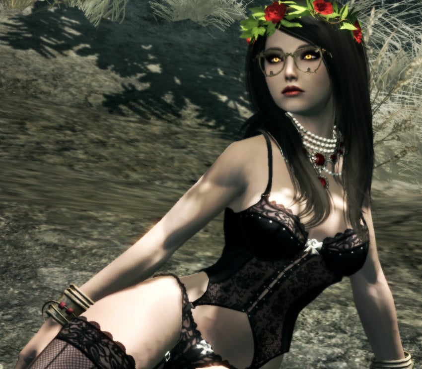 1girl 1girls black_hair bracelets female_only female_vampire flower_crown flower_in_hair flowers_in_hair front_view garter_belt garter_straps girl glasses glasses_on_face golden_bracelets half-dressed laurel_crown laurel_wreath lingerie lipstick long_hair panties royal royalty serana serana's_wardrobe skyrim stockings thighhighs vampire vampire_girl