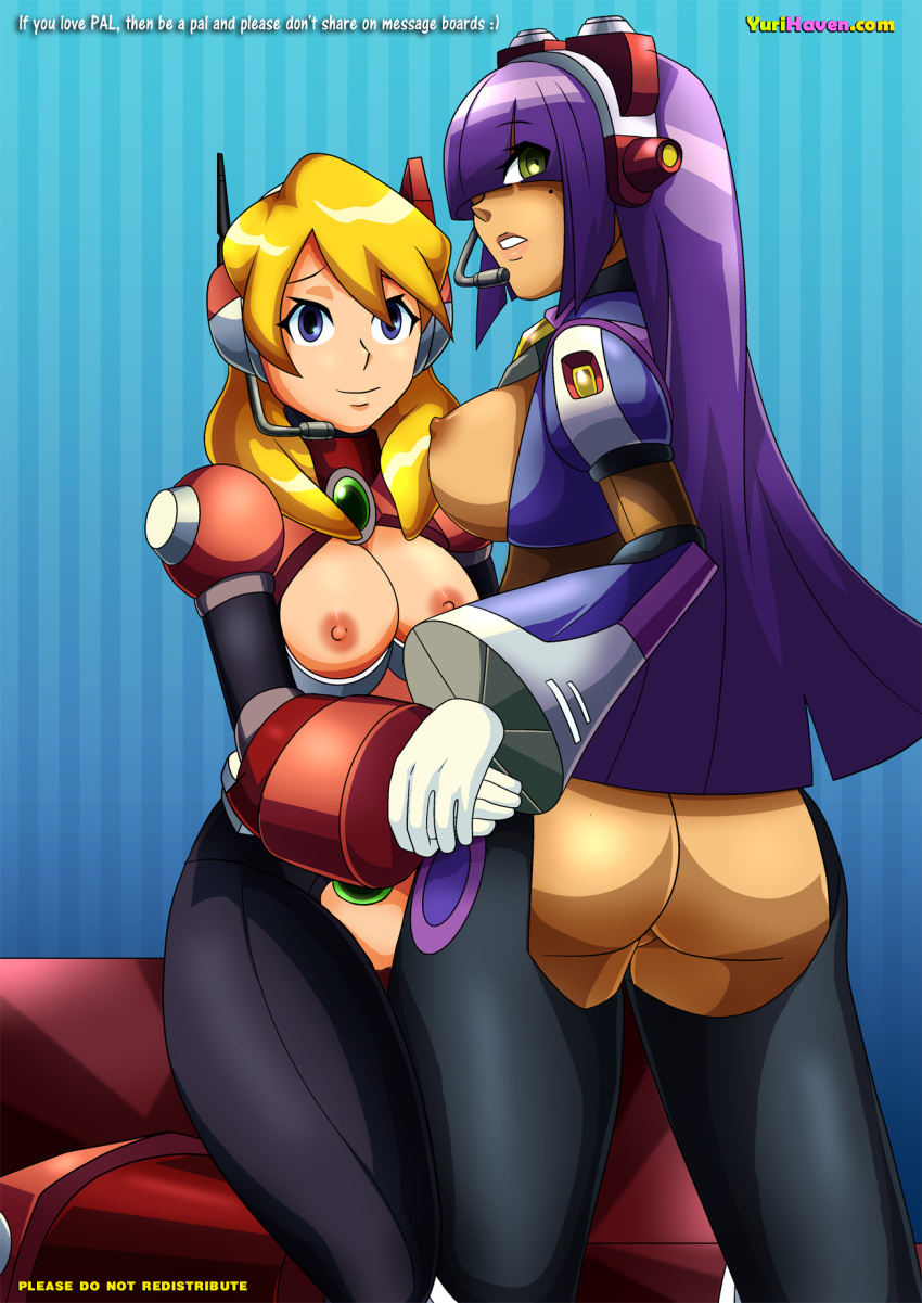 2girls alia android blonde_hair bodysuit breasts capcom female layer lesbian lesbians mega_man mega_man_x multiple_girls robot_girl yuri yurihaven.com