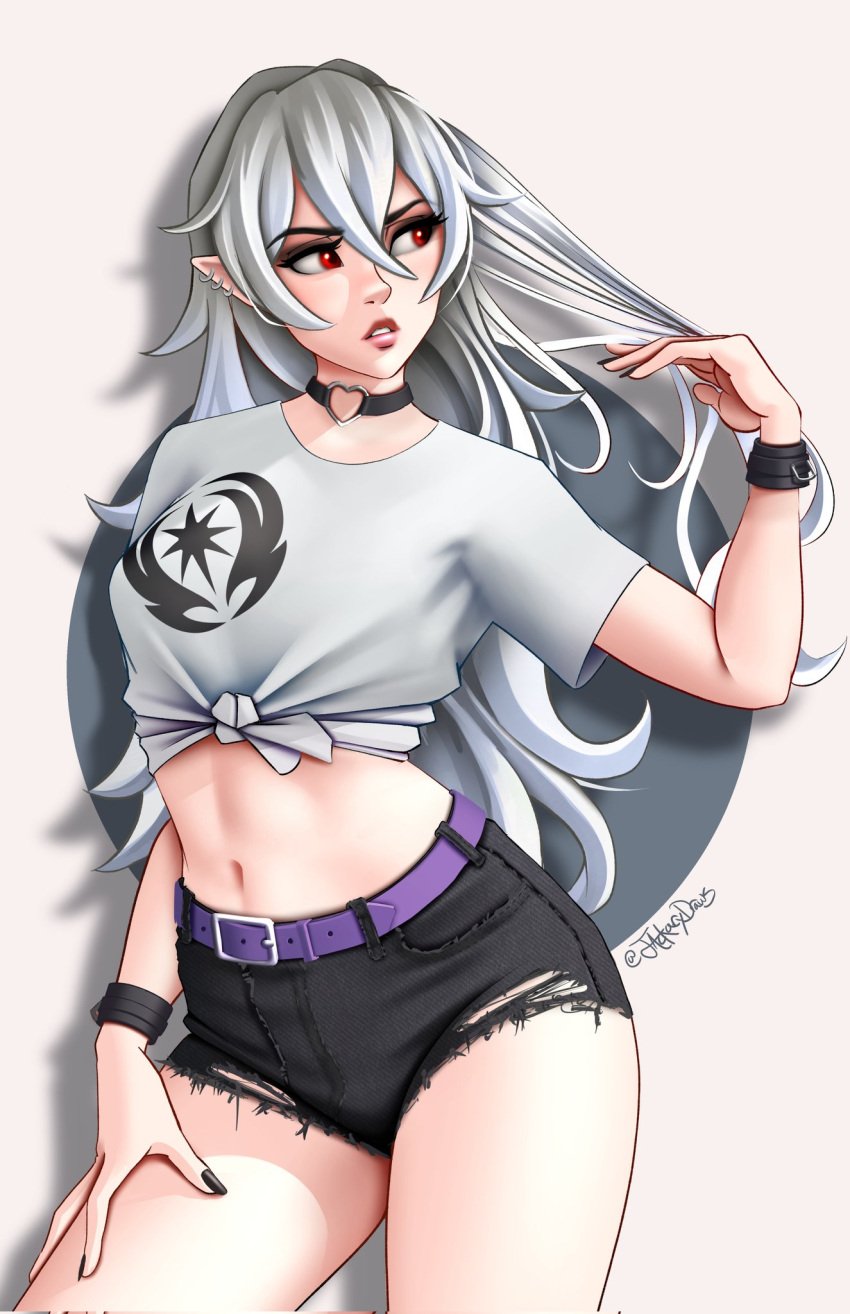 1girls adjusting_hair belt black_choker black_nails black_shorts choker corrin_(female)_(fire_emblem) corrin_(fire_emblem) corrin_(fire_emblem)_(female) crop_top earrings eyeshadow female female_only fire_emblem fire_emblem_fates goth hand_in_own_hair highres jackary jackary_draws jewelry long_hair makeup midriff nail_polish navel nintendo parted_lips pointy_ears purple_belt red_eyes shirt short_shorts shorts signature solo tied_shirt white_hair white_shirt