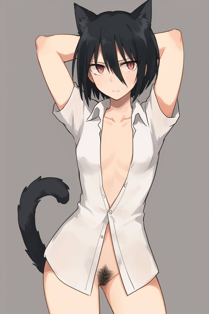 animal_ear_fluff animal_ears arms_behind_head black_hair bottomless breasts cat_ears cat_girl cat_tail collarbone cowboy_shot female female_pubic_hair grey_background hair_between_eyes looking_at_viewer open_shirt partially_unbuttoned pubic_hair shirt short_hair short_sleeves simple_background small_breasts solo tail