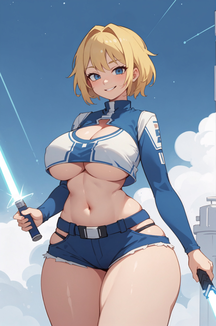 ai_generated beautiful_background blonde_hair blue_eyes blue_sky breasts breasts breasts cleavage clouds huge_boobs huge_breasts huge_breasts jedi jedi_knight jorgecarlosai lightsaber navel short_hair short_shorts shorts smirk star_wars thick thick_legs thick_thighs thong thong_straps thong_underwear underboob wide_hips