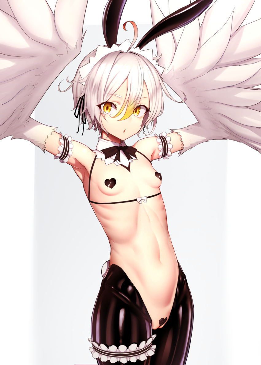 actinium89 ahoge arm_garter armpits arms_up black_necktie breasts commentary_request commission cowboy_shot fake_tail feathers female grey_hair hair_between_eyes harpy heart_maebari heart_pasties highres maebari maid_headdress meme_attire monster_girl navel necktie original pasties pussy reverse_bunnysuit reverse_outfit short_hair skeb_commission small_breasts solo tail white_feathers white_hair white_wings wings yellow_eyes