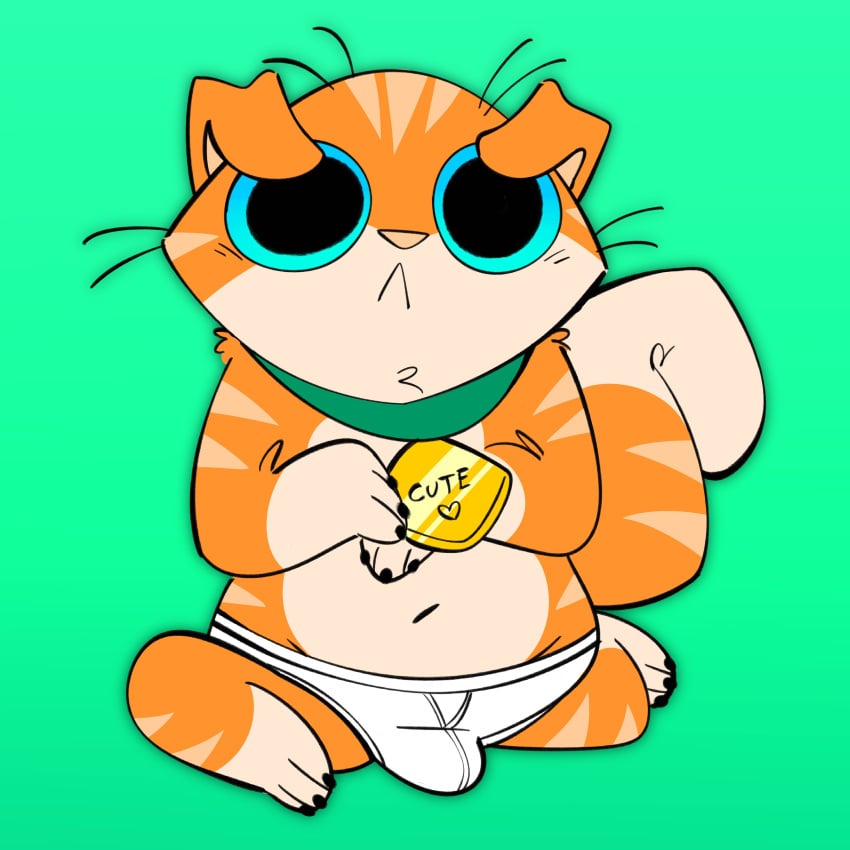 1:1 absurd_res anthro blue_eyes bulge clothing collar domestic_cat felid feline felis fur green_background hi_res looking_at_viewer male mammal monkey_wrench_(series) mostly_nude navel orange_body orange_fur salamikii scritch_(monkey_wrench) simple_background slightly_chubby slightly_chubby_male solo tail underwear white_body white_fur