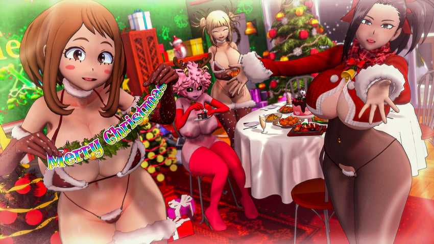 3d 4girls antler_headband antlers bikini black_hair blonde_hair boku_no_hero_academia bra brown_eyes brown_hair christmas christmas_clothing christmas_outfit christmas_tree female female_only food himiko_toga huge_breasts koi-animex koikatsu light-skinned_female light_skin looking_at_viewer merry_christmas mina_ashido momo_yaoyorozu my_hero_academia nipples ochako_uraraka party pink-skinned_female pink_hair pink_skin presents self_upload sitting standing stockings thighhighs toga_himiko