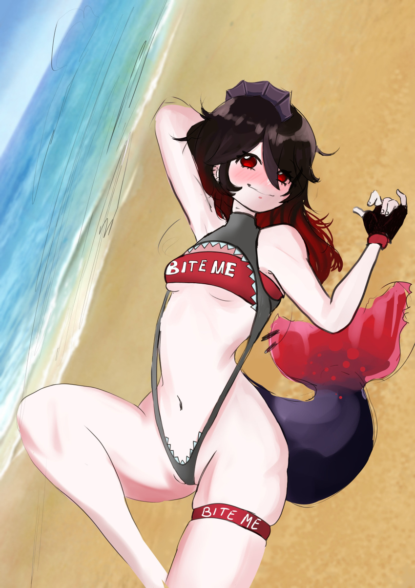 1girls akami_chiyo animal_tail arm_behind_head beach bite_me black_hair blush day female female_focus female_only highres latam_virtual_youtuber leslieempty looking_at_viewer lying lying_on_sand medium_hair ocean pale-skinned_female pale_skin piranha_girl red_eyes red_hair sand sexy_beach small_breasts smiling smiling_at_viewer two_tone_hair virtual_youtuber vtuber vtuberfanart yume_girls!