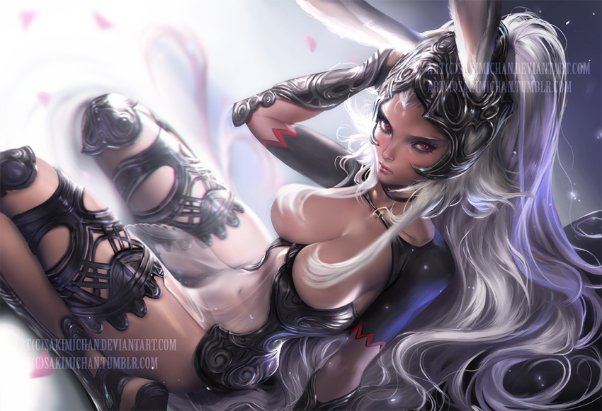 1girls artist_name breasts bunny_ears bunny_girl cleavage dark-skinned_female dark_skin female female_only final_fantasy final_fantasy_xii fran grey_hair hair_over_breasts long_hair pelvic_curtain red_eyes sakimichan sitting solo tagme viera watermark web_address white_hair