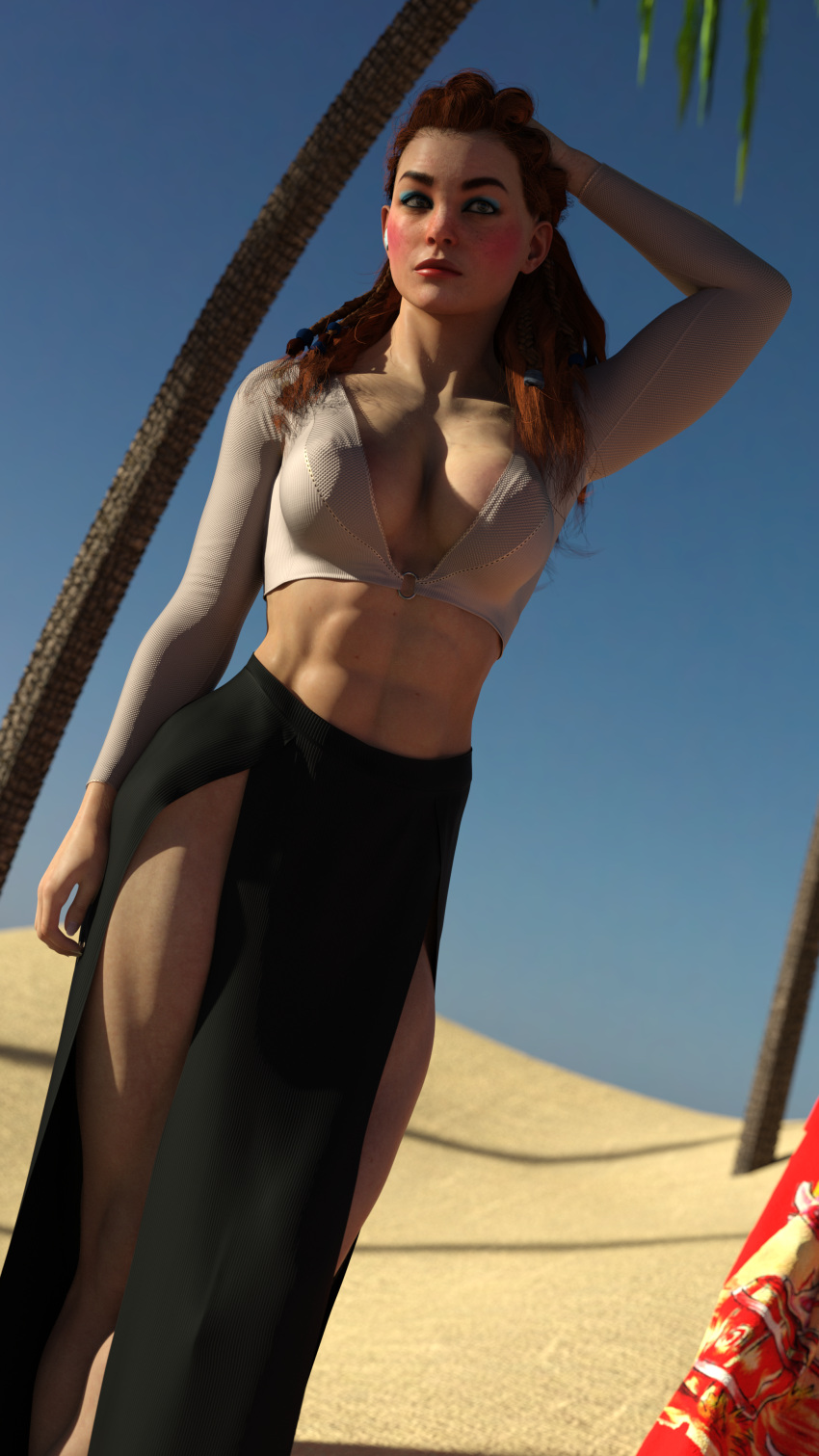 1girls 3d 3d_(artwork) 3d_model aloy athletic athletic_female beach beach_towel big_breasts black_dress blue_eyeshadow catdad3d_(artist) caucasian caucasian_female cgi clothed clothed_female dressed female female_focus female_only green_eyes guerilla_games horizon_forbidden_west horizon_zero_dawn looking_at_viewer palm_tree palm_trees pink_cheeks red_hair sony_interactive_entertainment standing vacation white_shirt