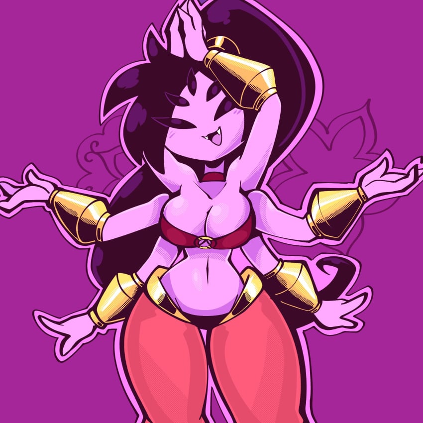 1girls 5_eyes 6_arms arm_cuffs black_hair bra breasts cosplay fangs female harem_outfit harem_pants jek_korpen medium_breasts monster_girl muffet multi_arm multi_eye multi_limb navel open_mouth ponytail shantae shantae_(cosplay) smile solo solo_female spider_girl spider_humanoid tagme undertale undertale_(series)