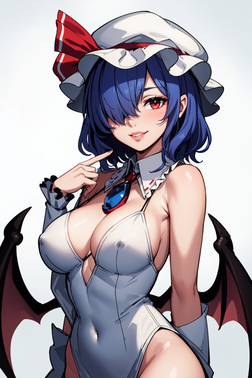 aged_up ai_generated alternate_costume bangs bare_shoulders bat_wings blue_hair blush breasts cleavage covered_navel covered_nipples detached_collar female hair_over_one_eye hat hat_ribbon highleg_leotard highres jewelry large_breasts leotard lips looking_at_viewer medium_hair mob_cap one_eye_covered parted_lips pointing pointing_at_self red_eyes red_ribbon remilia_scarlet ribbon short_hair simple_background smile solo touhou upper_body white_background white_headwear white_leotard wings wombat9043 wrist_cuffs