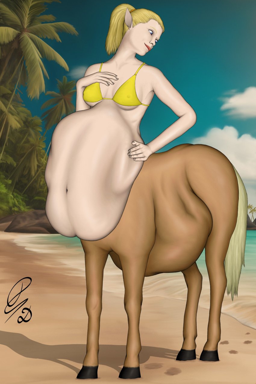 beach bikini bikini_top blonde_hair breasts centaur centauress detailed detailed_bulge dragonczech female female_pred multiple_prey vore vore_belly