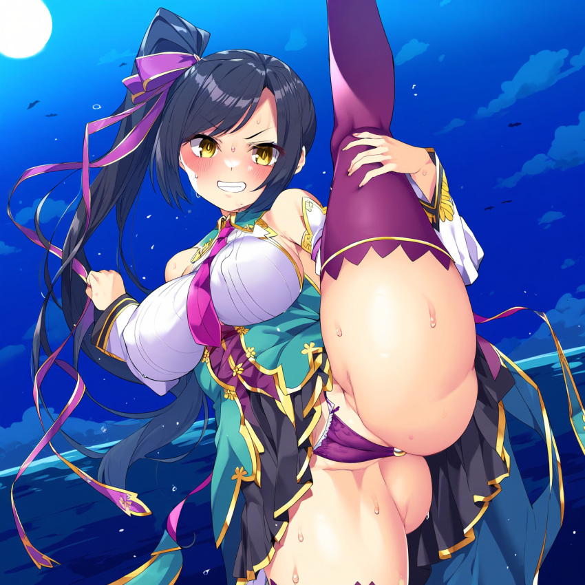 ai_generated ass big_ass big_breasts black_hair chinese_girl kan'u_unchou_(koihime) koihime†_(series) koihime_musou leg_up ponytail splits yellow_eyes