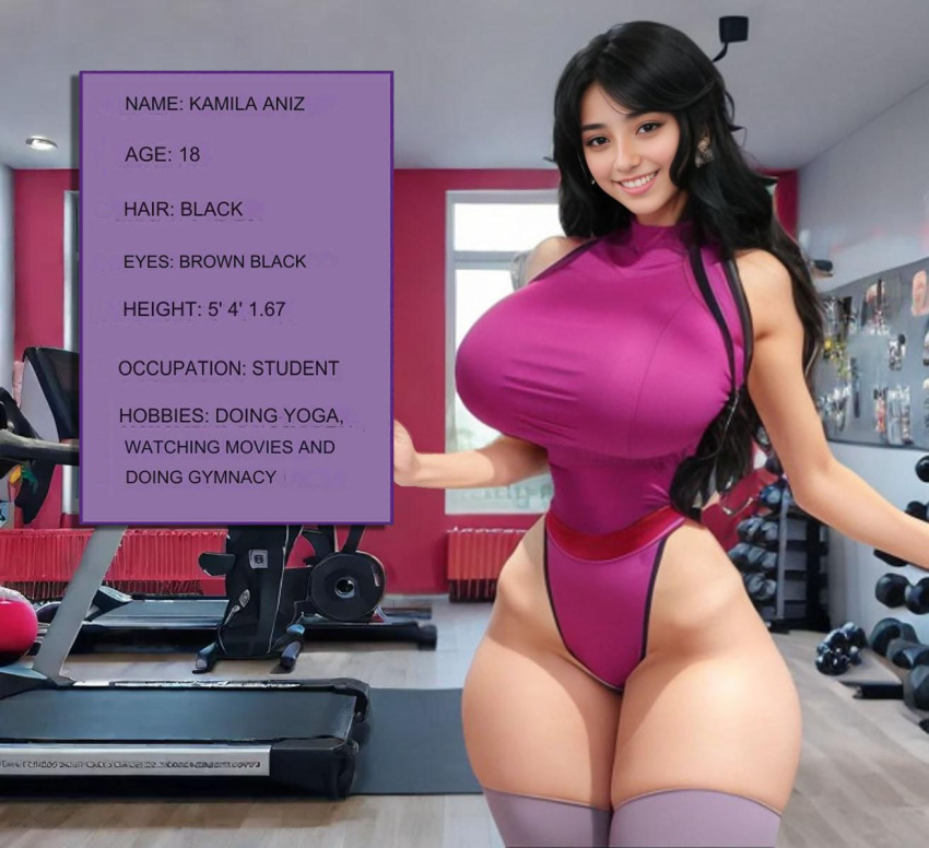 ai_generated athletic athletic_female big_breasts big_butt black_hair female female_only gym huge_breasts long_hair looking_at_viewer mesh posing seductive_smile smiling_at_viewer stockings thin_waist wide_hips