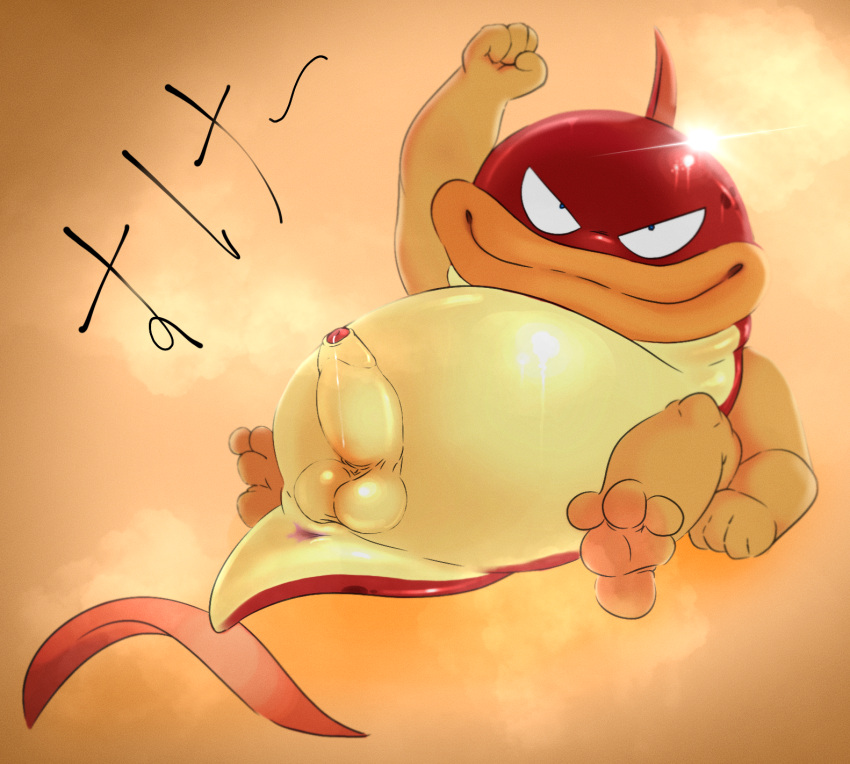 anthro anus ass balls bastardpalace bedroom_eyes bodily_fluids erection fin fish fist foreskin genital_fluids genitals hi_res japanese_text lips looking_at_viewer lying male male_focus marine narrowed_eyes on_back overweight penis precum presenting presenting_hindquarters puyo_puyo raised_arm raised_fist seductive solo suketoudara tail tail_anus tail_fin text thick_lips