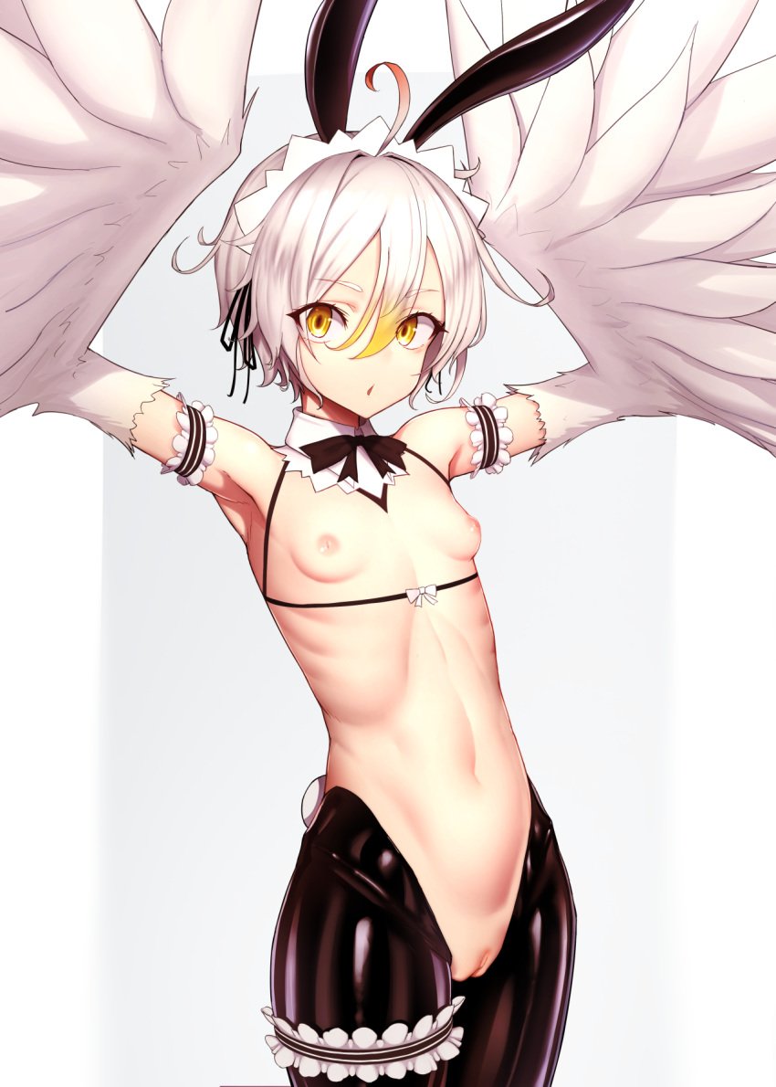 actinium89 ahoge arm_garter armpits arms_up black_necktie breasts cowboy_shot fake_tail female grey_hair hair_between_eyes harpy highres maid_headdress meme_attire monster_girl necktie original pussy reverse_bunnysuit reverse_outfit short_hair small_breasts solo tail yellow_eyes