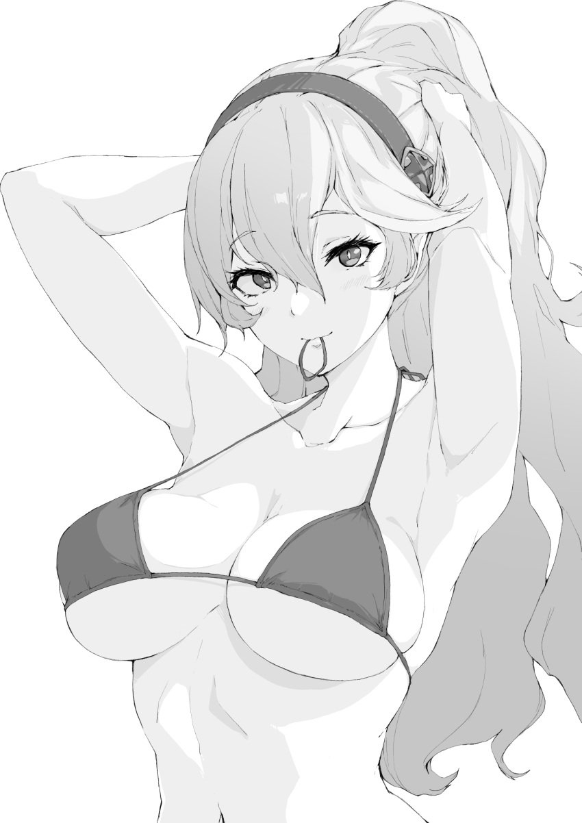 1girls alternate_hairstyle armpits arms_up bikini breasts corrin_(fire_emblem) corrin_(fire_emblem)_(female) female female_only fire_emblem fire_emblem_fates greyscale hair_between_eyes hairband large_breasts looking_at_viewer monochrome mouth_hold nintendo otomorifb ponytail sideboob skindentation smile solo swimsuit tying_hair underboob