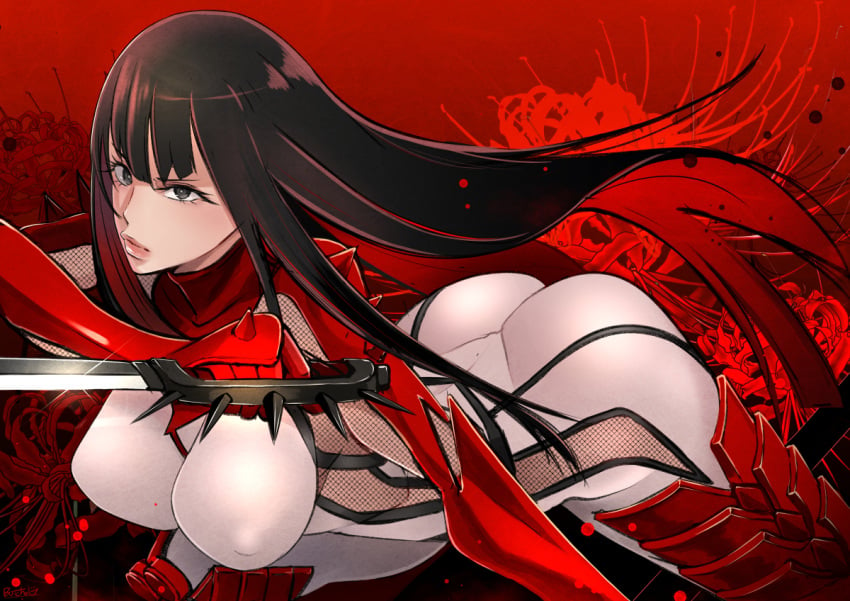 ass big_ass black_eyes black_hair bodysuit breasts butcha-u commentary covered_nipples female hibana hime_cut kunoichi_(game) large_breasts lips long_hair ninja solo thighs