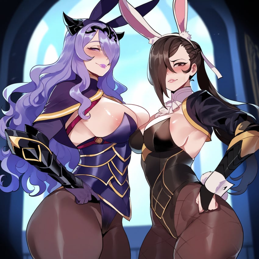 2girls ai_generated ass big_ass blush breast_envy breast_squish bunnysuit camilla_(fire_emblem) cowboy_shot fire_emblem fire_emblem_fates fire_emblem_heroes kagero_(fire_emblem) large_breasts pinup smug symmetrical_docking thiccwithaq_(ai_style) viriai