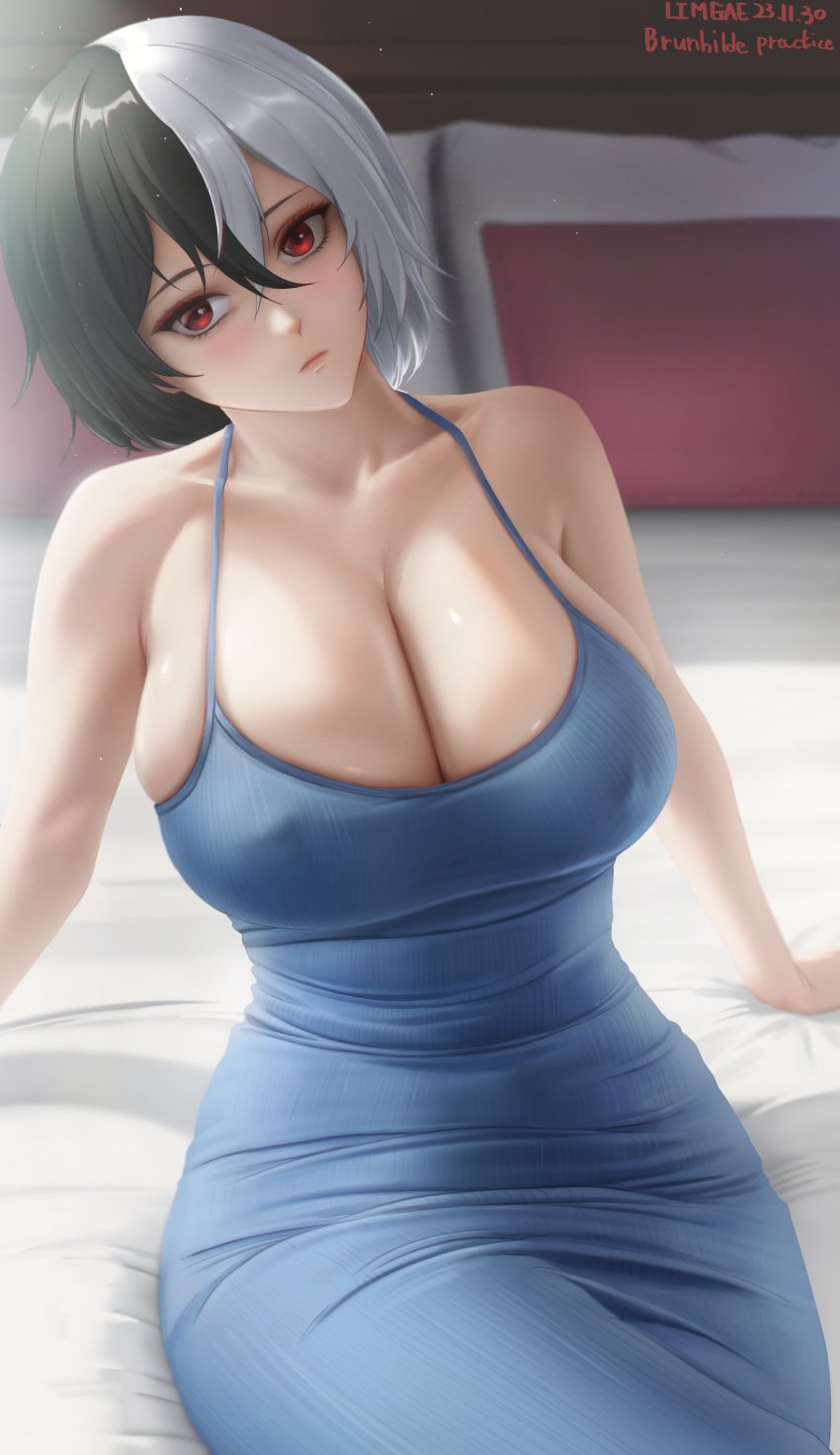 1girls absurd_res absurdres azur_lane black_hair blue_dress breasts brunhilde_(azur_lane) cleavage dress erect_nipples erect_nipples_under_clothes female hi_res high_resolution highres limgae looking_at_viewer nipples on_bed red_eyes two_tone_hair white_hair