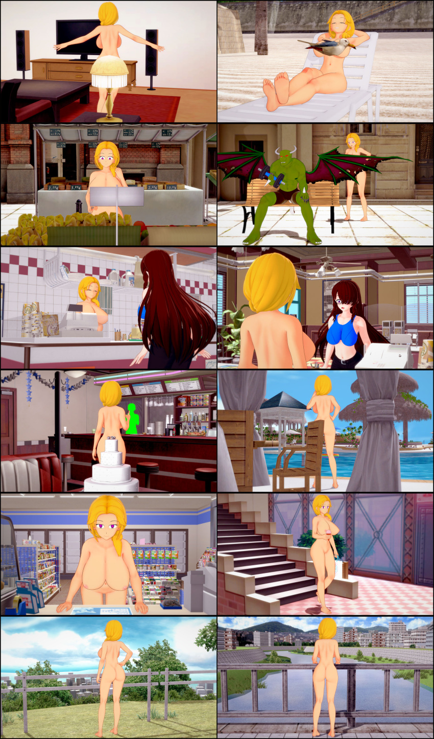 1boy 2girls ass bakery barbell barefoot beach beach_chair bed bedroom belt bench blonde_hair blue_crop_top breasts brown_hair cake casca_(retropunch) censored_to_uncensored chair clothed_female_nude_female clothed_male_nude_female completely_nude completely_nude_female convenience_store crop_top crossover diner female glasses green_skin hair_over_one_eye horn ice_cream koikatsu lamp laura_morales long_hair male market medium_hair midriff monster_boy muscular_male nairod103098 navel nipples nude nude_female nudist pants pelican ponytail pool pool_chair purple_eyes pussy red_eyes retropunch sharpclaw_(retropunch) shirtless shirtless_male shorts stairs street very_long_hair weights