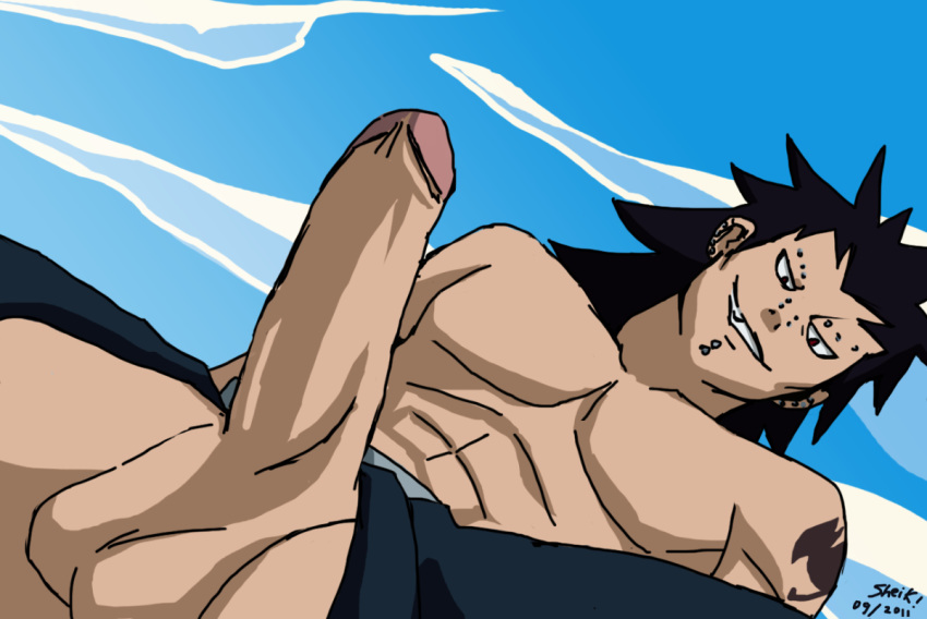 1boy 2011 abs bara burankoprn fairy_tail gajeel_redfox looking_at_viewer male male_only muscle muscles naughty_face pecs penis pov proud_of_his_cock sheik! solo testicles uncensored yaoi