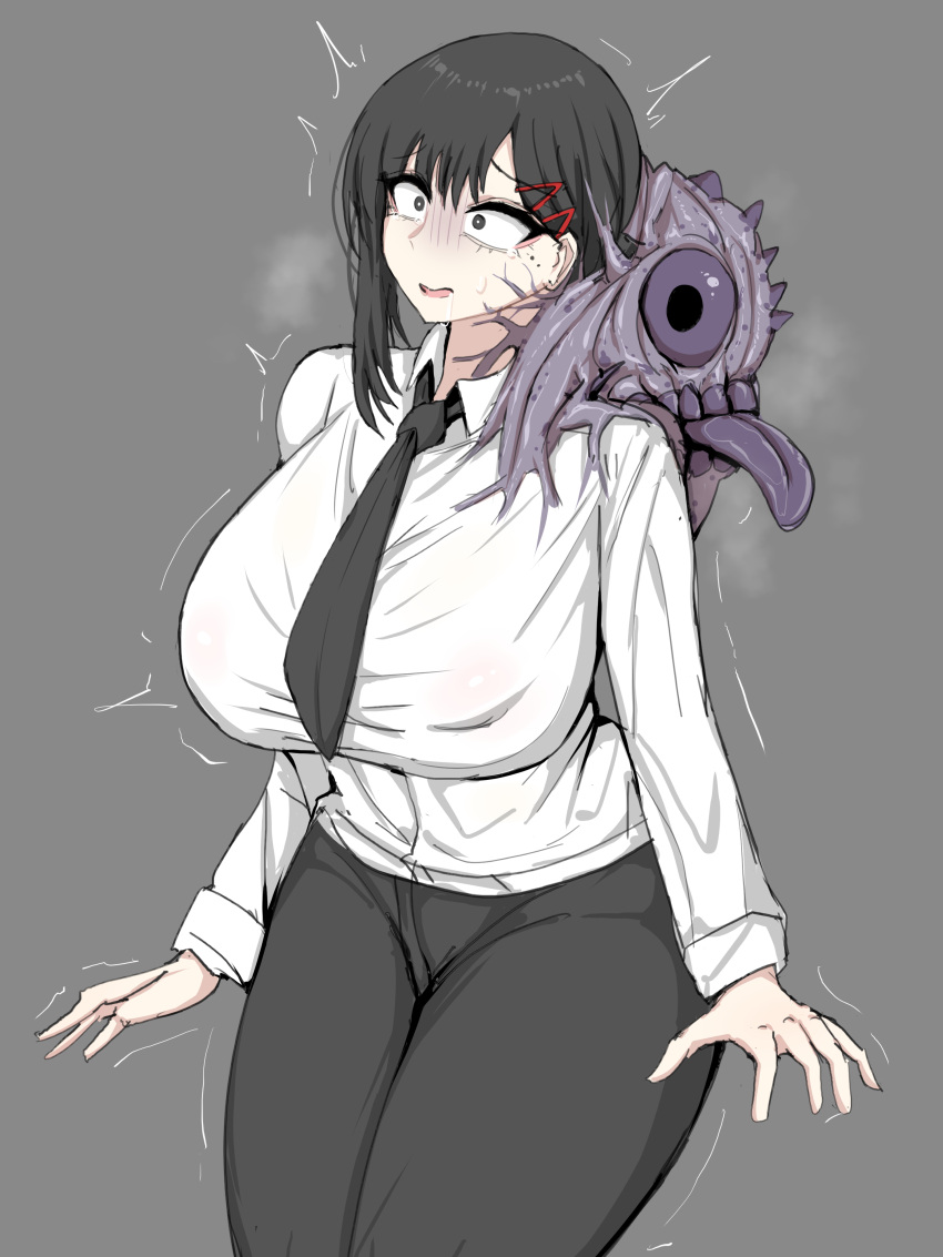 1girls black_legwear brainwashing chainsaw_man clothing corruption female higashiyama_kobeni huge_breasts interspecies legs_together monster open_mouth pre-transformation shirt transformation trembling white_shirt wide_eyed wide_hips xipa