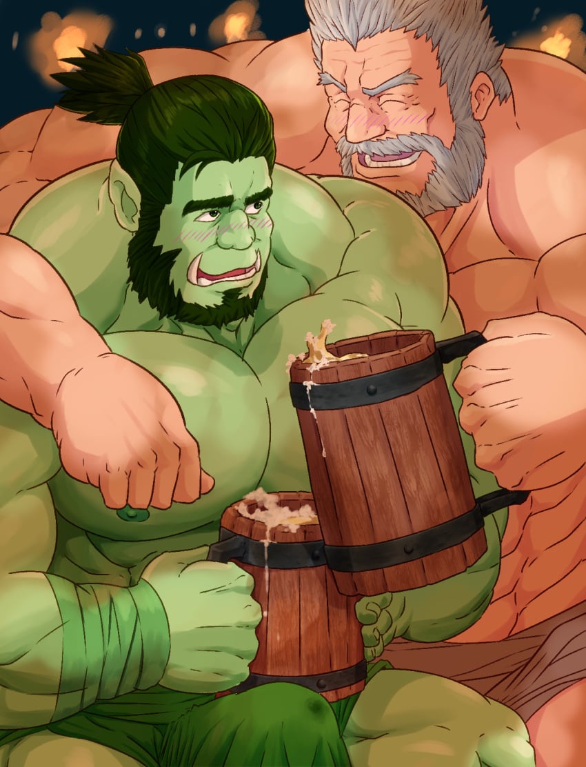 2boys alcohol arm_around_shoulder bara beard beer blush bulge colored_skin couple cowboy_shot drunk erection erection_under_clothes facial_hair fantasy full_beard green_skin grey_hair high_ponytail highres interspecies large_pectorals laughing loincloth looking_at_another male_focus male_only mature_male monster_boy multiple_boys muscular muscular_male nipples old old_man orc original pectorals pointy_ears precum precum_through_clothes pub sanpaku sitting strongman_waist tamineko thick_beard thick_eyebrows topless_male tusks yaoi