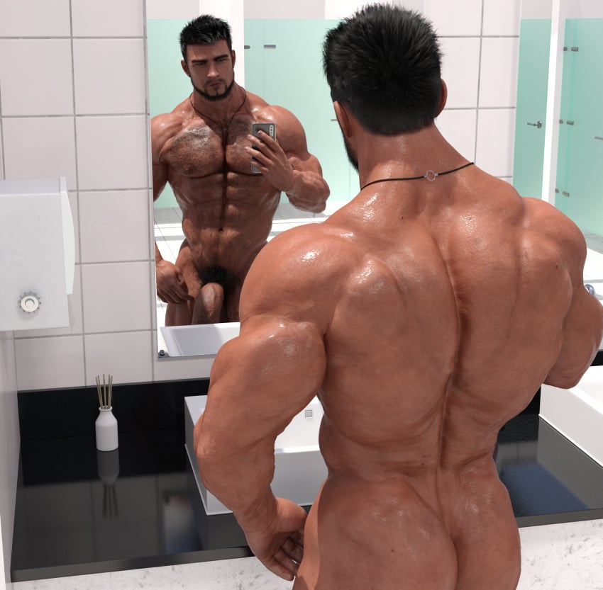 1boy 1human 1male 3d 3d_(artwork) 3d_model bara bara_ass bara_tiddies bara_tits bathroom bathroom_selfie bathroom_sink bathroom_tile bathroom_tiles black_hair brown_eyes first_porn_of_artist first_post_of_artist hairy hairy_chest hairy_male male male_focus male_only mirror mirror_reflection mirror_selfie muscle_ass muscle_butt oc original original_character qzla4 selfie selfie_with_penis solo solo_focus solo_male tan-skinned_male tan_skin