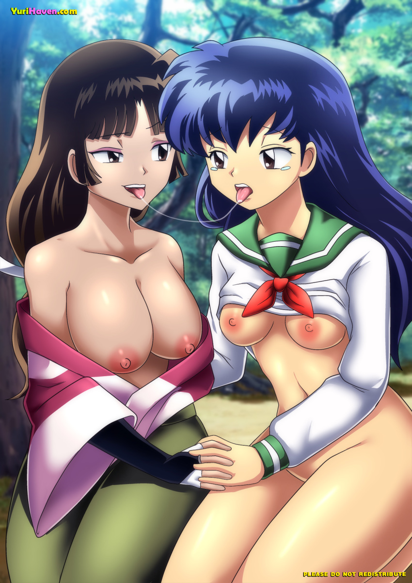 2girls areola artist_request big_breasts blue_hair bottomless breasts brown_eyes brown_hair clothes duo exposed_breasts eyeshadow female forest high_resolution higurashi_kagome inuyasha kagome_higurashi kimono large_breast long_hair makeup multiple_girls navel nipples open_clothes saliva saliva_trail sango school_girl school_uniform shirt_lift tears text thighs tongue tongue_out watermark yuri yurihaven.com