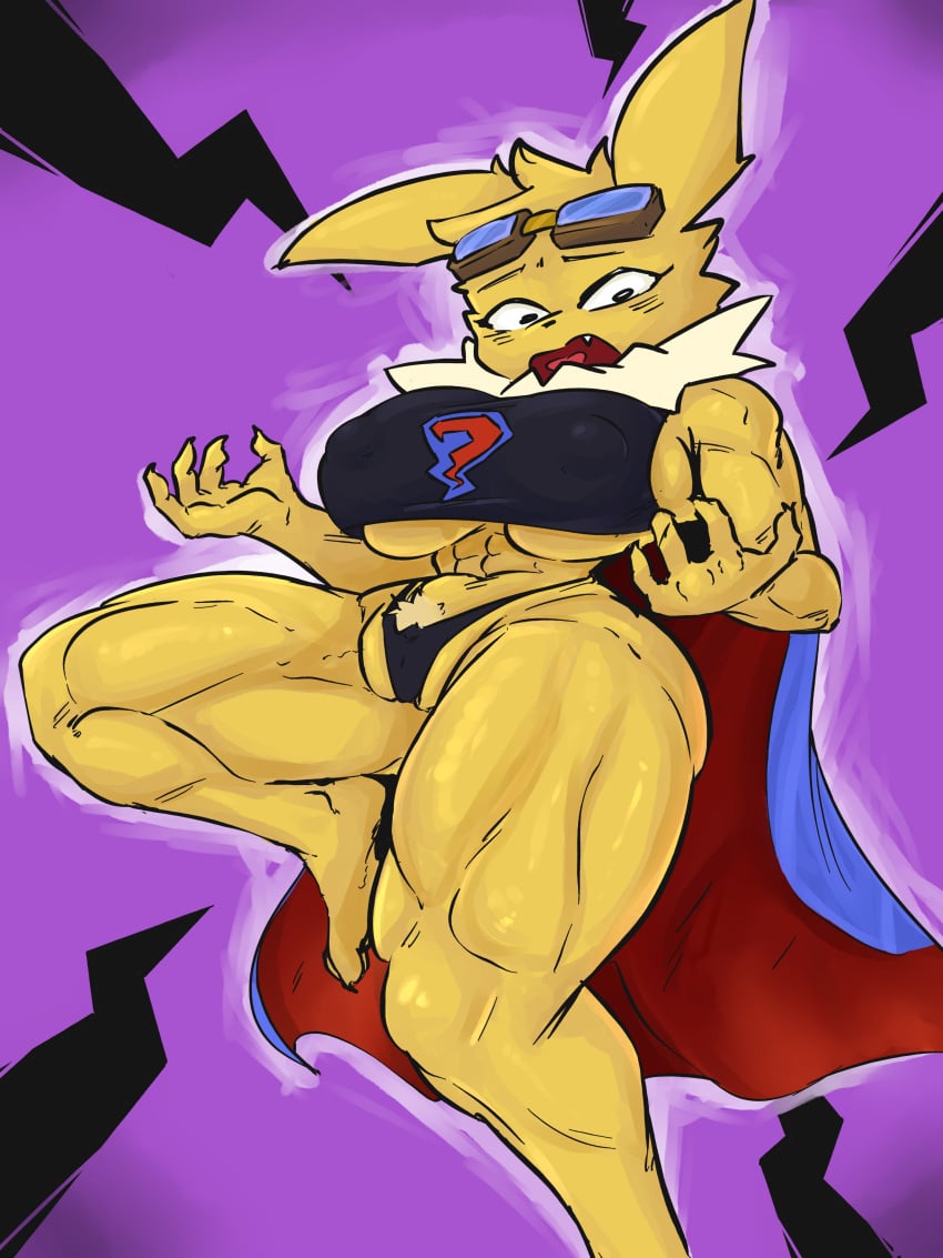 abs animal_ears anthro barely_clothed cape female furry glasses jolteon joltorito jolty_(joltorito) muscular_arms muscular_female muscular_legs nipple_bulge pubic_hair puffy_pussy revealing_clothes rule_63 rule_63 shocked_expression solo_female surprised_expression yellow_fur