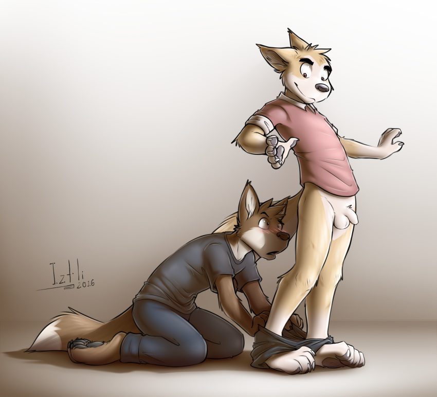 anthro assisted_exposure balls canine dingo duo flaccid iztli male male_only mammal pants_down pantsing partially_clothed penis