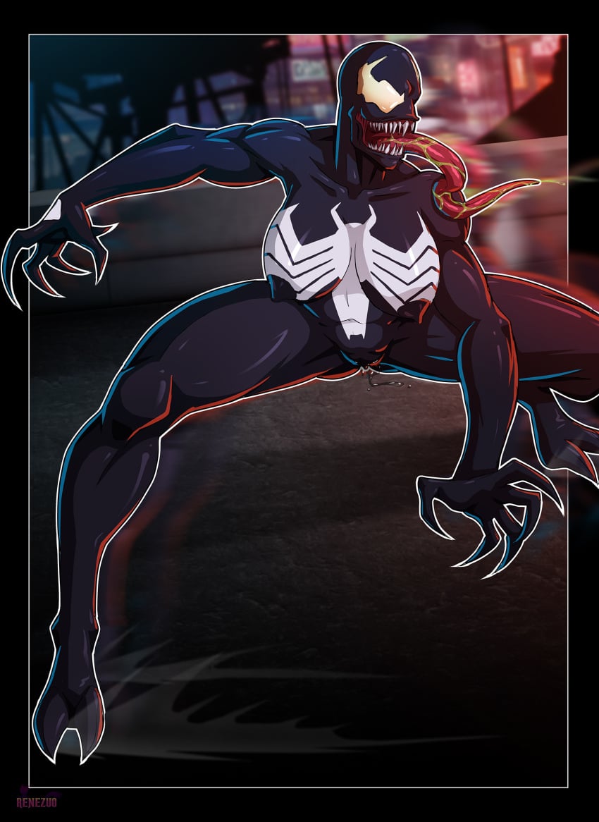 1girls 2023 breasts female female_only hi_res long_tongue marvel marvel_comics nipples pussy pussy_juice renezuo sharp_fingernails sharp_teeth she-venom solo spider-man_(series) symbiote tongue_out venom_(marvel)