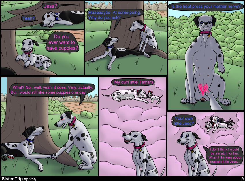 anthro bird_dog canid canine canis comic comic_page dalmatian domestic_dog duo english_text female feral furry hi_res hunting_dog jess_(kinaj) kinaj labrador mammal mixed_breed page_9 page_number retriever tamara_(kinaj) text